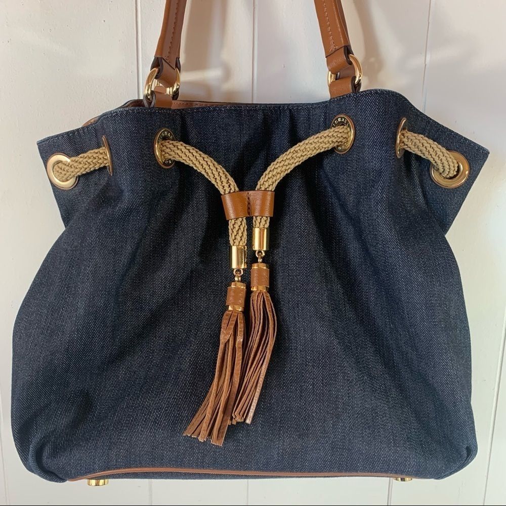 COPY - Michael Kors Marina Drawstring Rope Navy Denim Blue Brown Leather Should…